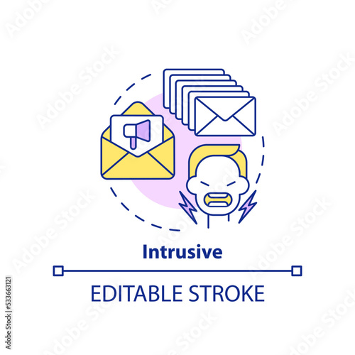 Intrusive concept icon. Annoying notifications. Challenge of direct marketing abstract idea thin line illustration. Isolated outline drawing. Editable stroke. Arial, Myriad Pro-Bold fonts used