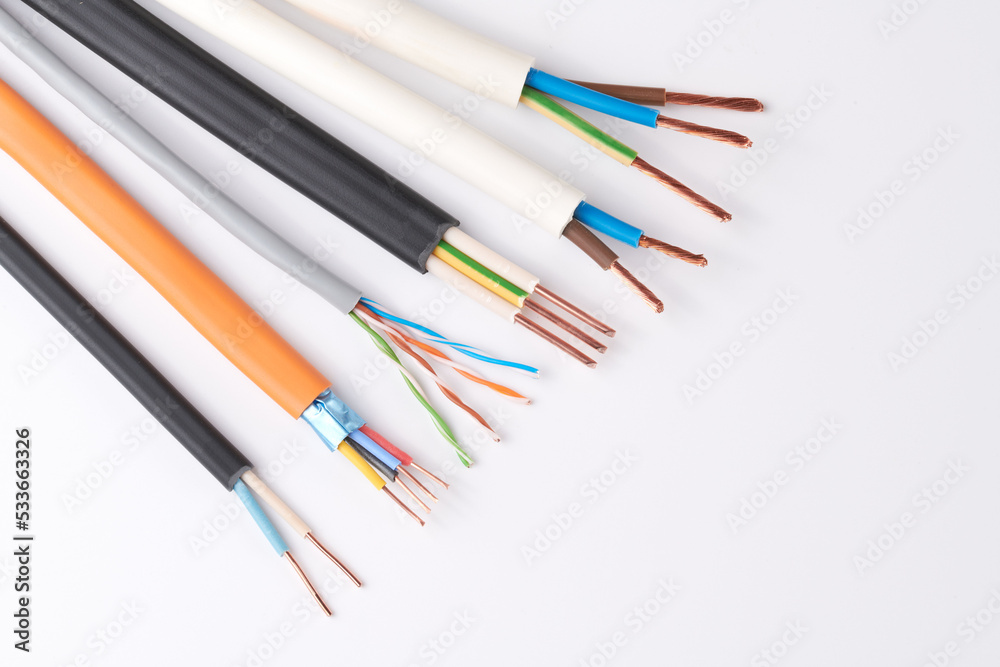 Electric cables, many copper wires with colored isolation isolated on white background