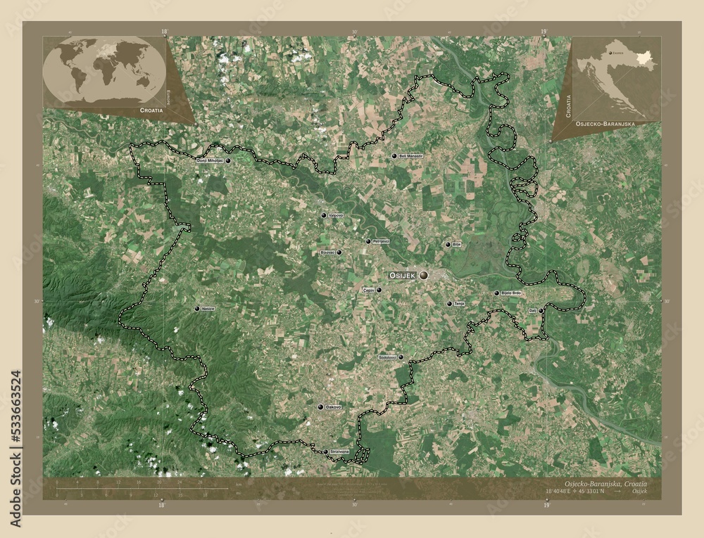 Fototapeta premium Osjecko-Baranjska, Croatia. High-res satellite. Labelled points of cities