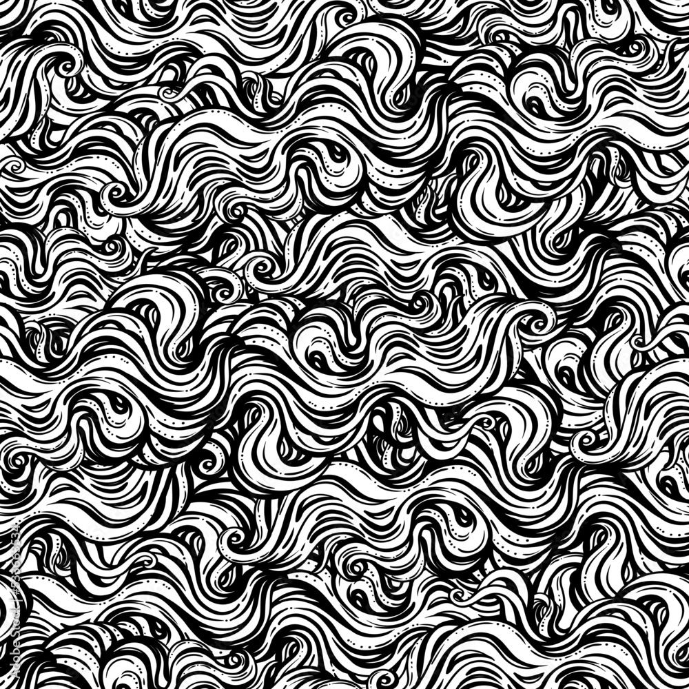 Vector seamless black and white abstract hand-drawn pattern with waves and clouds