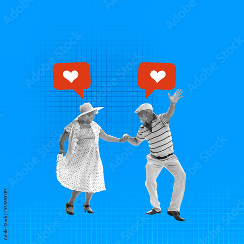 Contemporary art collage. Senior man and woman dancing over blue background with social media like icons above photo