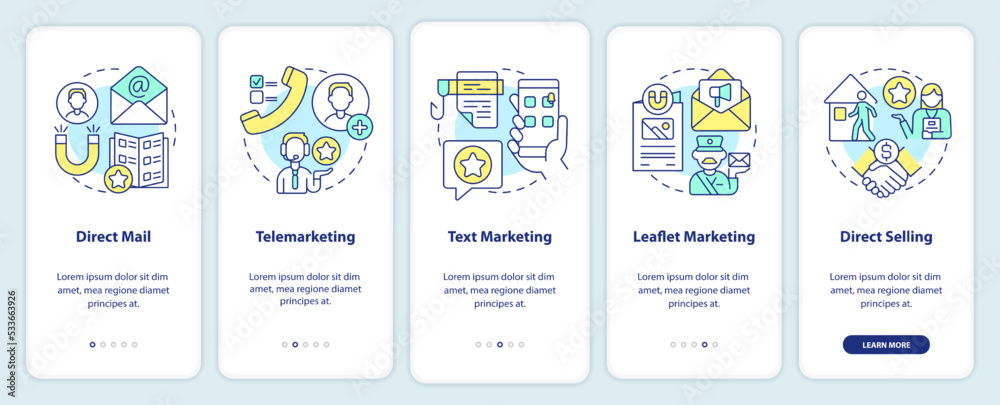 Types of direct marketing onboarding mobile app screen. Walkthrough 5 steps editable graphic instructions with linear concepts. UI, UX, GUI template. Myriad Pro-Bold, Regular fonts used