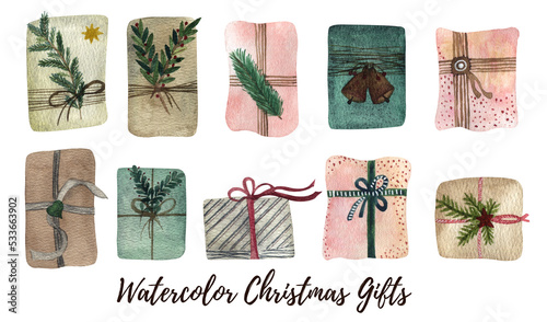 Watercolor Christmas gifs with pine decor in scandinavian style. Isolated on a white background. Great for different prints, advertisement, promotions, designs, print in a big resolution