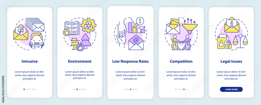 Challenges of direct marketing onboarding mobile app screen. Walkthrough 5 steps editable graphic instructions with linear concepts. UI, UX, GUI template. Myriad Pro-Bold, Regular fonts used