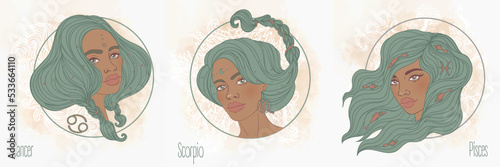 Zodiac african girls set. Water. Vector illustration of Pisces, Cancer and Scorpio astrological signs as a beautiful black woman. Future telling, horoscope, alchemy, spirituality.