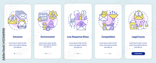 Challenges of direct marketing onboarding mobile app screen. Walkthrough 5 steps editable graphic instructions with linear concepts. UI, UX, GUI template. Myriad Pro-Bold, Regular fonts used