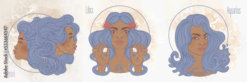 Zodiac african girls set. Air. Vector illustration of Aquarius, Gemini, and Libra astrological signs as a beautiful black woman. Future telling, horoscope, alchemy, spirituality.
