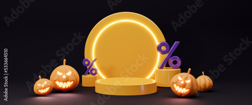 Happy Halloween sale banner with themed promotion sale podium design, web ad template with pumpkins and display podium on black background. Marketing shopping, promotion news concept. 3d rendering