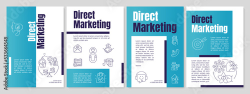Direct marketing strategy blue brochure template. Advertisement. Leaflet design with linear icons. Editable 4 vector layouts for presentation, annual reports. Anton, Lato-Regular fonts used