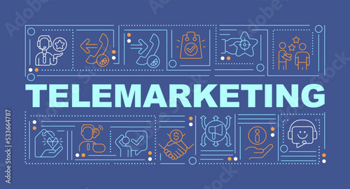 Telemarketing word concepts dark blue banner. Trading strategy. Infographics with editable icons on color background. Isolated typography. Vector illustration with text. Arial-Black font used