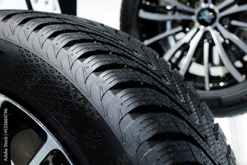 Close up profile modern car tyres