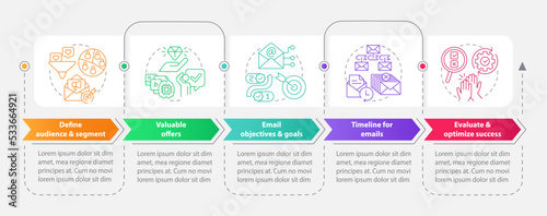 Lead nurturing campaign rectangle infographic template. Contacts. Data visualization with 5 steps. Editable timeline info chart. Workflow layout with line icons. Myriad Pro-Bold, Regular fonts used