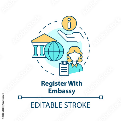 Register with embassy concept icon. Legal identification document. Consulate services abstract idea thin line illustration. Isolated outline drawing. Editable stroke. Arial, Myriad Pro-Bold fonts used