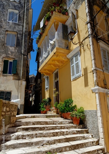 Colorful old house in narrow street in Kerkyra city, Corfy island, Greece