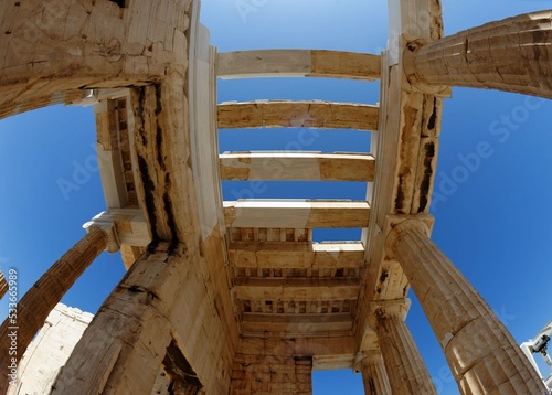 Low angle fisheye view of Propilea (Acropolis entrance), Athens, Greece