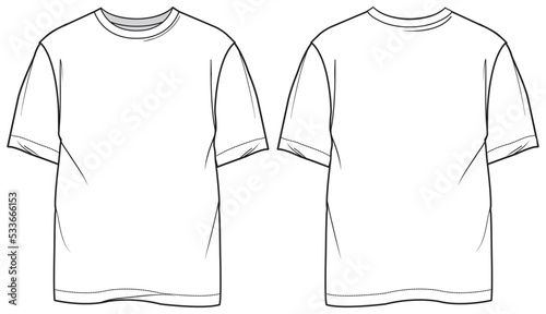 mens short sleeve crew neck t shirt flat sketch vector illustration front and back view technical drawing template. cad mockup.