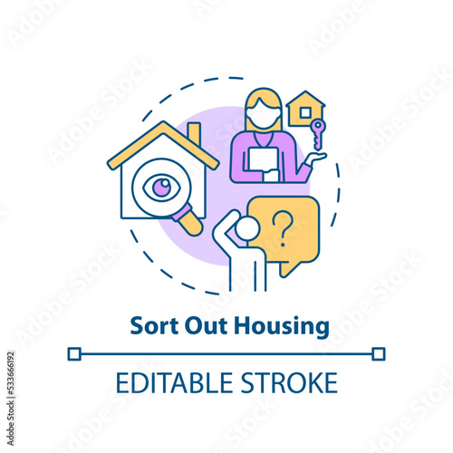 Sort out housing concept icon. Home question. Search apartment. Arranging dwelling abstract idea thin line illustration. Isolated outline drawing. Editable stroke. Arial, Myriad Pro-Bold fonts used
