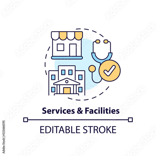 Services and facilities concept icon. Basic needs. Essential public infrastructure abstract idea thin line illustration. Isolated outline drawing. Editable stroke. Arial, Myriad Pro-Bold fonts used