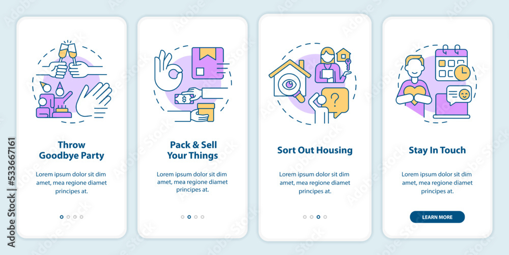 Prepare to live abroad advices onboarding mobile app screen. Migrate walkthrough 4 steps editable graphic instructions with linear concepts. UI, UX, GUI template. Myriad Pro-Bold, Regular fonts used