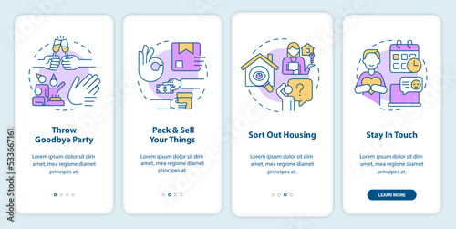 Prepare to live abroad advices onboarding mobile app screen. Migrate walkthrough 4 steps editable graphic instructions with linear concepts. UI, UX, GUI template. Myriad Pro-Bold, Regular fonts used