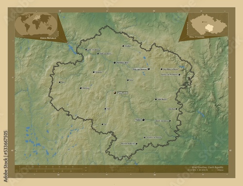 Kraj Vysocina, Czech Republic. Physical. Labelled points of cities photo