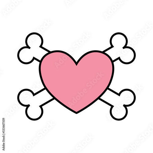 Vector flat colored heart with crossed bones isolated on white background