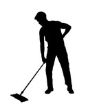 Vector silhouette janitor. man sweeping the floor with a mop over white background. 