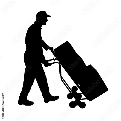 vector silhouette Porter. The loader carries boxes on a cart. The loader delivers the goods in boxes. Transportation and shipping. The loader carries the boxes.