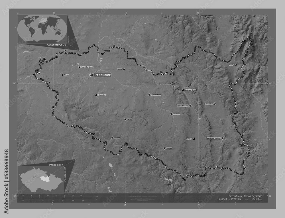 Fototapeta premium Pardubicky, Czech Republic. Grayscale. Labelled points of cities