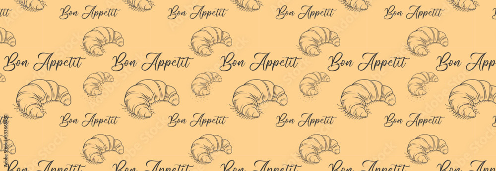 seamless pattern with bon appetit. Croissant. Fresh baking, for menu, cafe, bakery, logo, color and black and white illustration. delicious bread croissant bakery seamless pattern with bon appetit. Croissant. Fresh baking, for menu, cafe, bakery, logo, color and black and white illustration. delicious bread croissant bakery