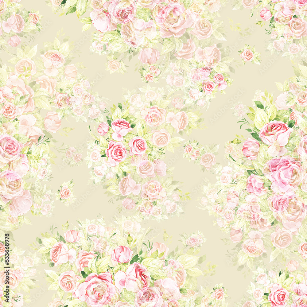  Floral seamless print bouquets of tender roses.  Abstract seamless floral print painted rose bouquets.