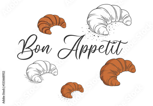  Bon appetit. Croissant. Fresh baking, for menu, cafe, bakery, logo, color and black and white illustration. delicious bread croissant bakery