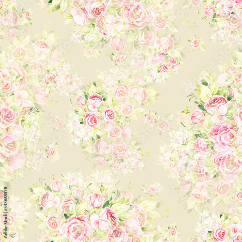  Floral seamless print bouquets of tender roses. Abstract seamless floral print painted rose bouquets.