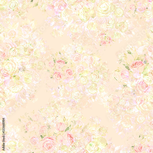  Floral seamless print bouquets of tender roses.  Abstract seamless floral print painted rose bouquets.