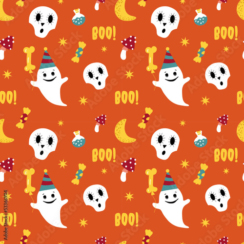 Fototapeta Naklejka Na Ścianę i Meble -  Halloween Pattern with Spooky ghost and bone. Seamless with skull, Boo and candy for party. Orange wrapping paper with cute, funny chatacters for Halloween