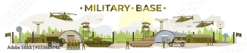 Military base including soldiers, helicopters, tanks, tents, storage buildings, trucks. Army training. Military uniform. Flat vector illustration.