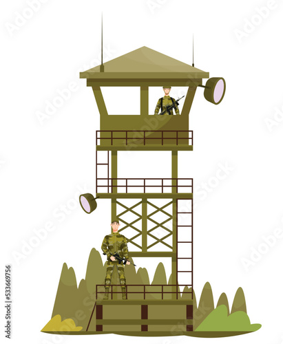 Guard tower, watch tower with guards, soldiers. Look out, military base, camp. Military service. Flat vector illustration. Army concept.