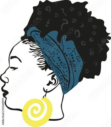 african beautiful girl with curls on her head and earrings in outline style