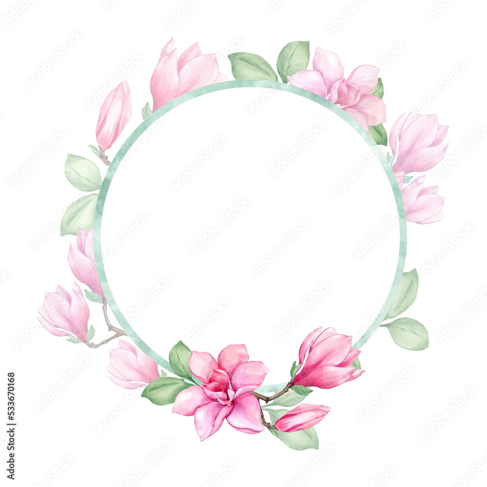 Beautiful round frame with blooming magnolia