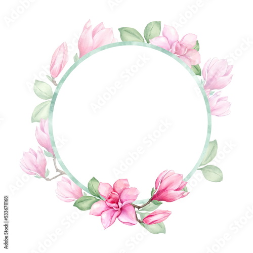 Beautiful round frame with blooming magnolia