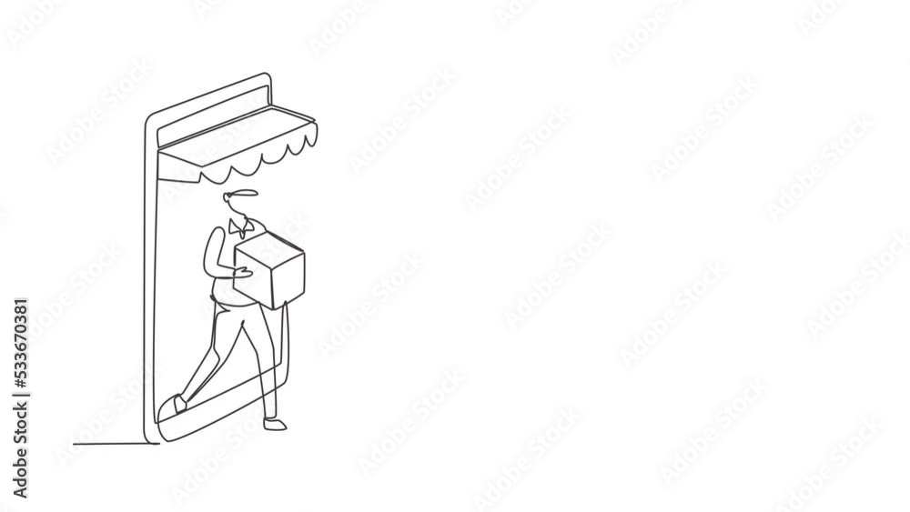 Self drawing animation of single one line draw male courier comes out of giant smartphone screen with canopy and gives package box to hijab female customer. Continuous line draw. Full length animated.