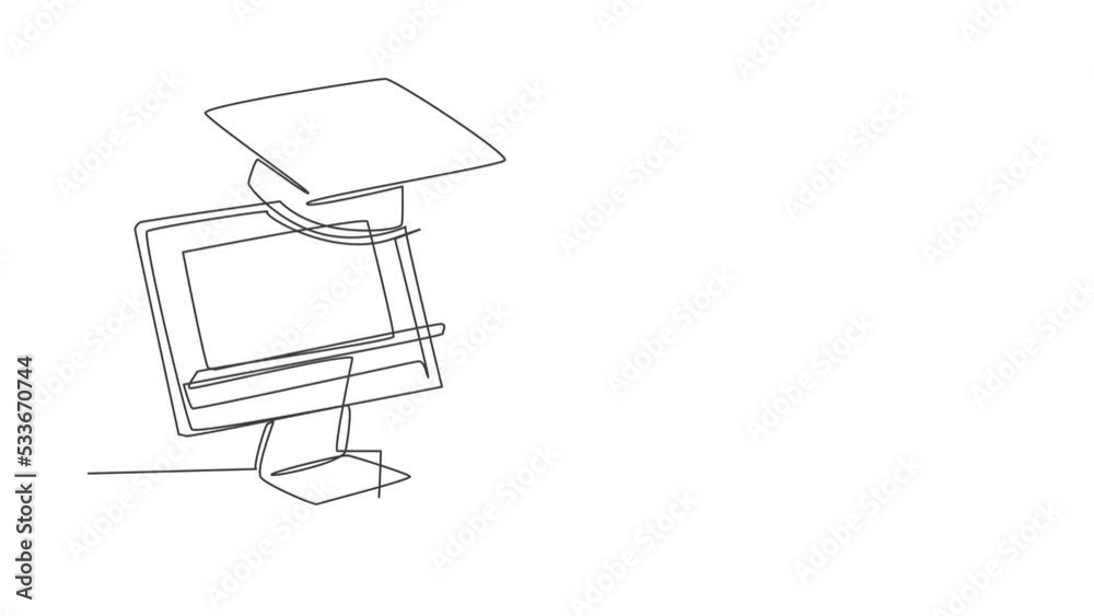 Animated self drawing of continuous one line draw empty study chairs and desks facing giant monitor screen in which there is whiteboard and graduation cap on top. Full length single line animation. Animated self drawing of continuous one line draw empty study chairs and desks facing giant monitor screen in which there is whiteboard and graduation cap on top. Full length single line animation.