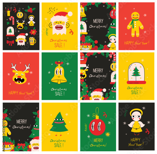 Merry Christmas and Happy New Year 2023. Vector trendy abstract illustrations of holiday card with santa claus, deer, crazy geometric shapes, christmas tree and wreath for poster.