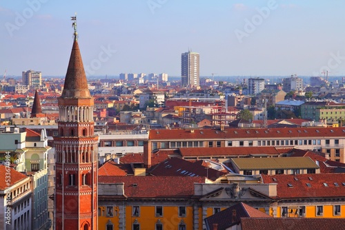 Milan city, Italy. Cityscape with San Gottardo in Corte church.