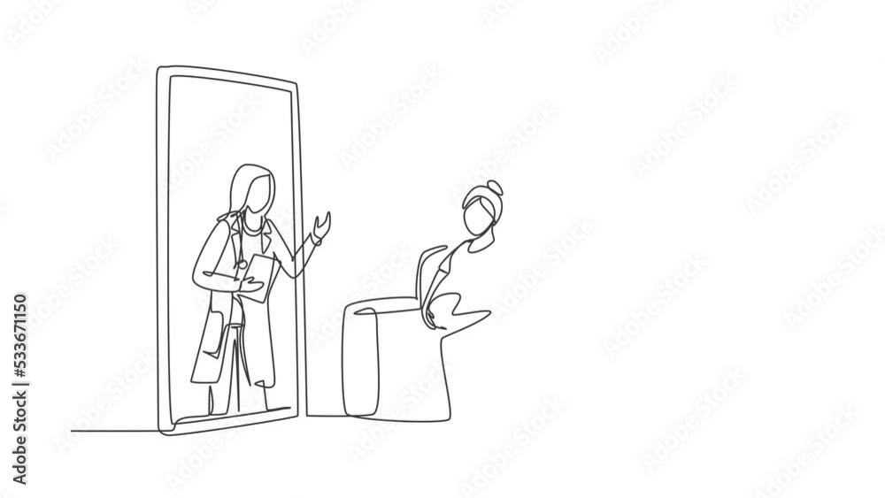 Animated self drawing of continuous line draw doctor comes out from smartphone screen facing patient, gives consultation to patient young couple with pregnant wife. Full length single line animation. Animated self drawing of continuous line draw doctor comes out from smartphone screen facing patient, gives consultation to patient young couple with pregnant wife. Full length single line animation.