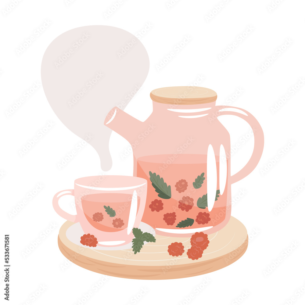 Raspberry and mint tea. Vector illustration. Raspberry and mint tea. Vector illustration.