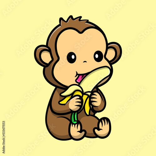 Cute Monkey Eating Banana Fruit Cartoon Vector Icons Illustration. Flat Cartoon Concept. Suitable for any creative project.
 photo