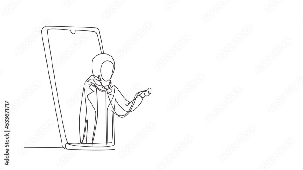 Animated self drawing of continuous line draw hijab female doctor comes out of smartphone screen and checks male patient's heart rate using stethoscope sitting on chair. Full length one line animation Animated self drawing of continuous line draw hijab female doctor comes out of smartphone screen and checks male patient's heart rate using stethoscope sitting on chair. Full length one line animation