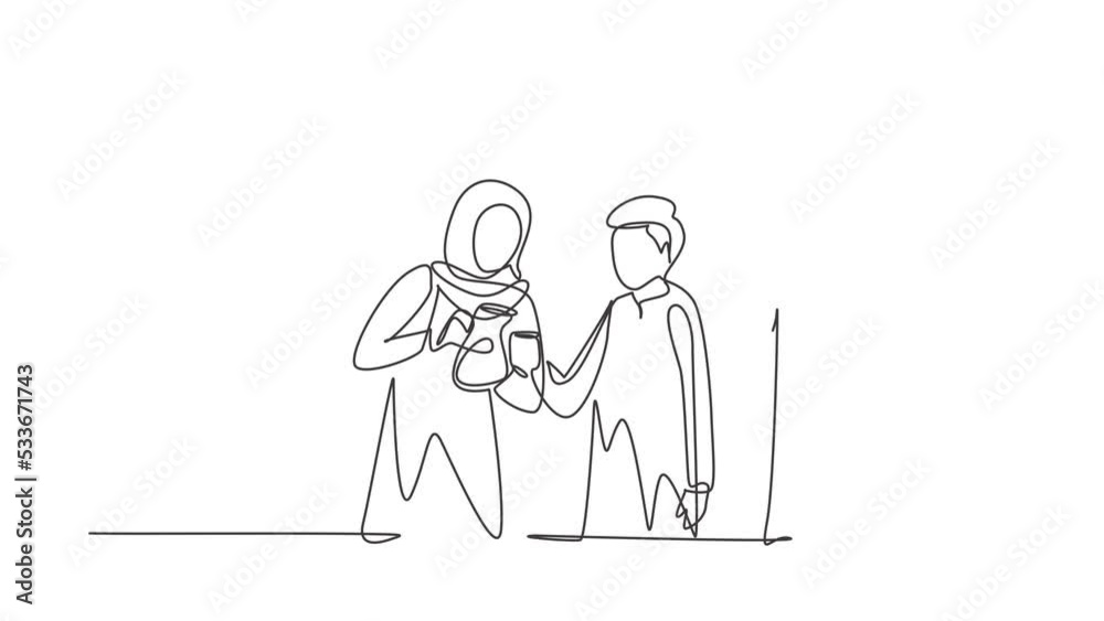 Animated self drawing of single continuous line draw young Arab family celebrate togetherness and holiday by drinking hot tea. Relaxing and refresh moment in life. Full length one line animation. Animated self drawing of single continuous line draw young Arab family celebrate togetherness and holiday by drinking hot tea. Relaxing and refresh moment in life. Full length one line animation.