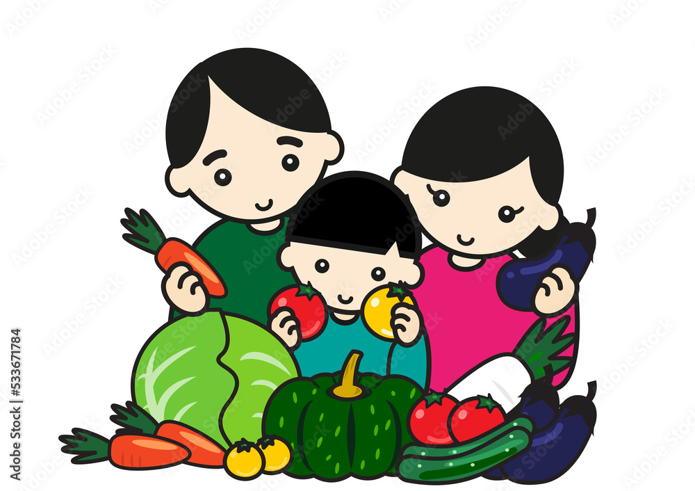 野菜に囲まれる家族 野菜に囲まれる家族